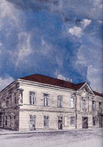Namas Vilniuje, Trakų gatvėje. Čia slapstyta Irena Veisaitė. Mindaugo Lukošaičio piešinys iš knygos AKIMIRKA APSISPRĘSTI